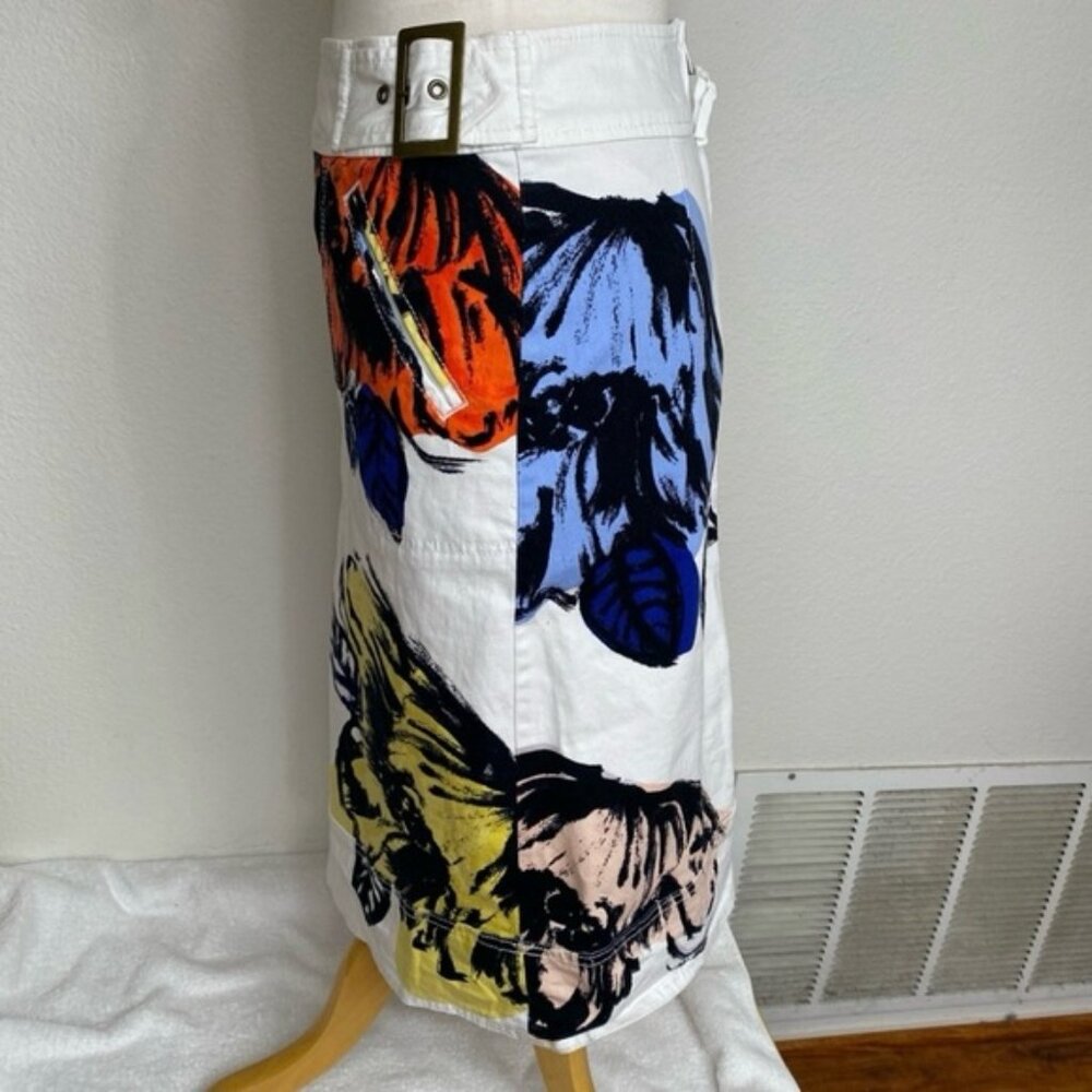 Anthropologie Maeve White Multicolor Watercolor Floral Belt Denim Skirt Size 4 - Picture 7 of 16